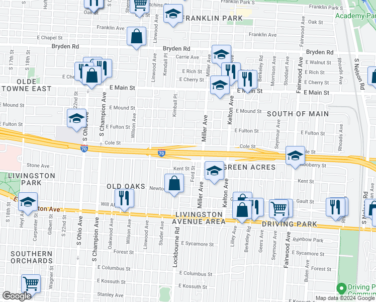 map of restaurants, bars, coffee shops, grocery stores, and more near Interstate 70 in Columbus