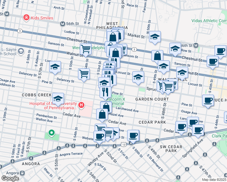 map of restaurants, bars, coffee shops, grocery stores, and more near 5141 Pine Street in Philadelphia