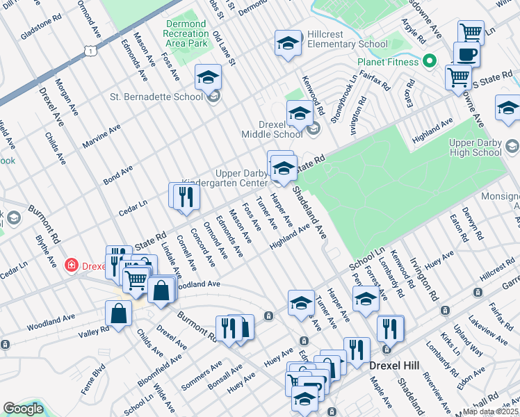 map of restaurants, bars, coffee shops, grocery stores, and more near 746 Turner Avenue in Drexel Hill