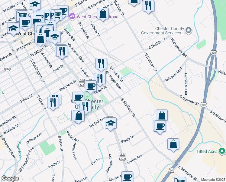 map of restaurants, bars, coffee shops, grocery stores, and more near 738 South Matlack Street in West Chester