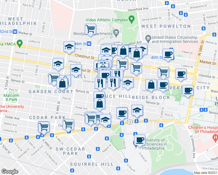 map of restaurants, bars, coffee shops, grocery stores, and more near 4408 Locust Street in Philadelphia