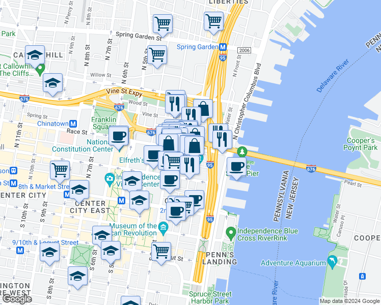map of restaurants, bars, coffee shops, grocery stores, and more near 209 North 2nd Street in Philadelphia