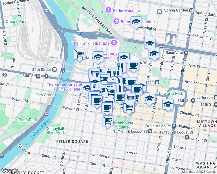 map of restaurants, bars, coffee shops, grocery stores, and more near 2018 Market Street in Philadelphia