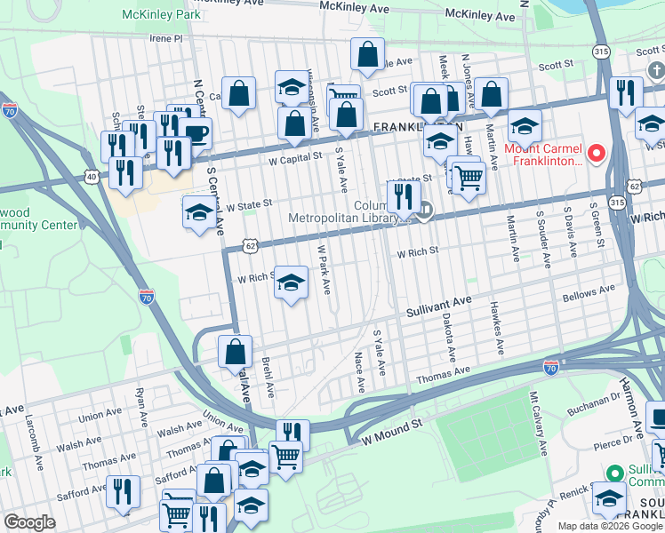 map of restaurants, bars, coffee shops, grocery stores, and more near W Rich St & W Park Ave in Columbus