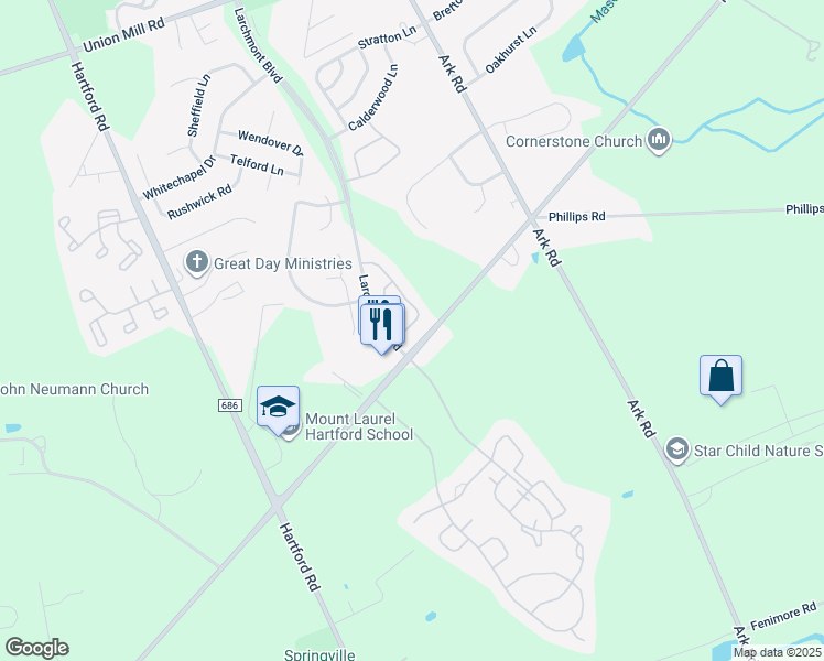 map of restaurants, bars, coffee shops, grocery stores, and more near 705A Ralston Drive in Mount Laurel Township