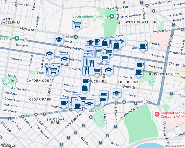 map of restaurants, bars, coffee shops, grocery stores, and more near 4408 Locust Street in Philadelphia
