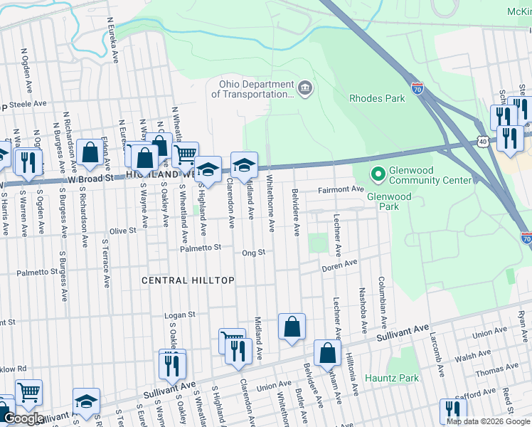 map of restaurants, bars, coffee shops, grocery stores, and more near 82 Whitethorne Avenue in Columbus
