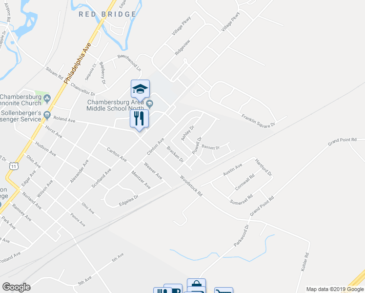 map of restaurants, bars, coffee shops, grocery stores, and more near 1949 Ashley Drive in Chambersburg