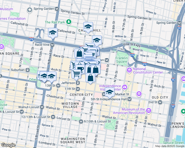 map of restaurants, bars, coffee shops, grocery stores, and more near 917 Arch Street in Philadelphia