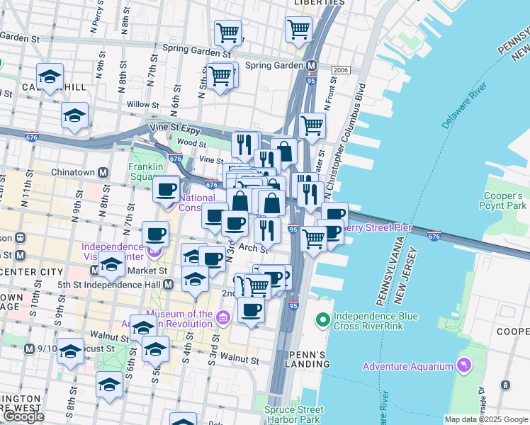 map of restaurants, bars, coffee shops, grocery stores, and more near 212 Race Street in Philadelphia