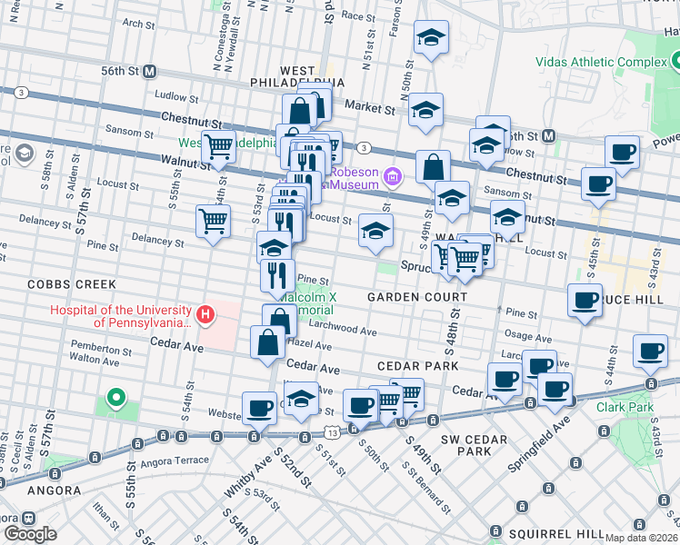 map of restaurants, bars, coffee shops, grocery stores, and more near 5036 Spruce Street in Philadelphia