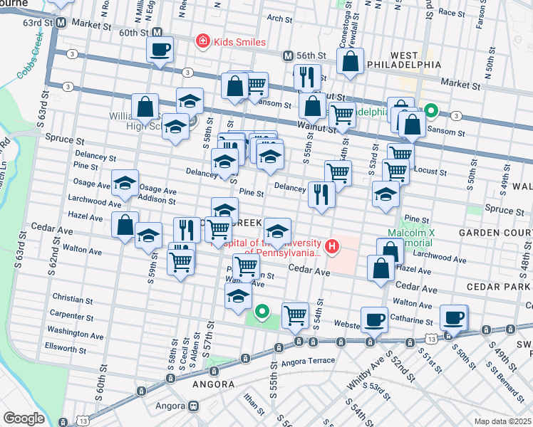 map of restaurants, bars, coffee shops, grocery stores, and more near 429 South 56th Street in Philadelphia
