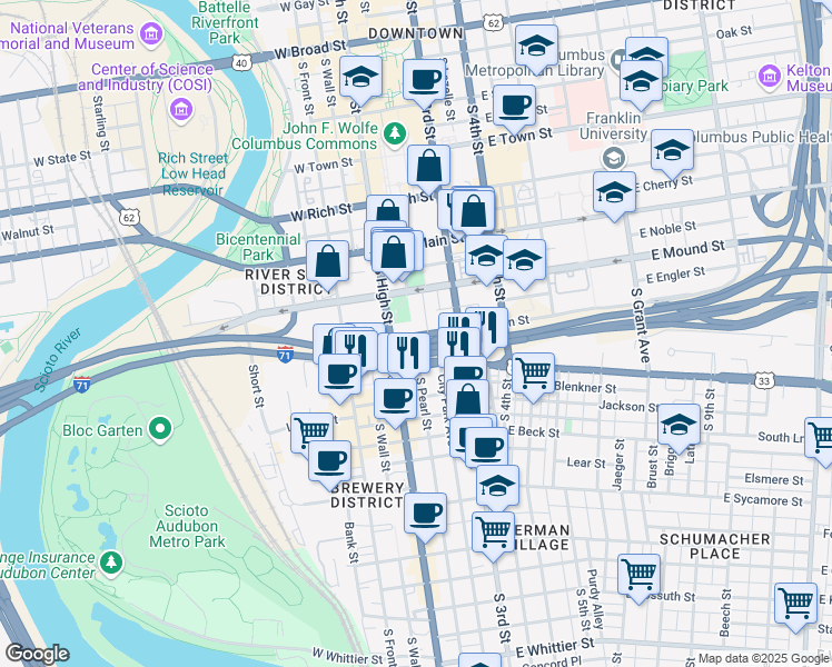 map of restaurants, bars, coffee shops, grocery stores, and more near 80 E Fulton St in Columbus