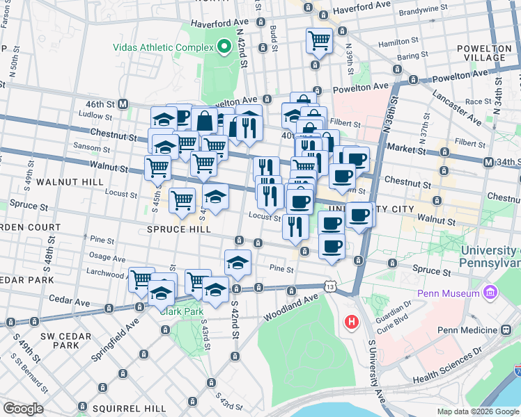 map of restaurants, bars, coffee shops, grocery stores, and more near 208 South 41st Street in Philadelphia