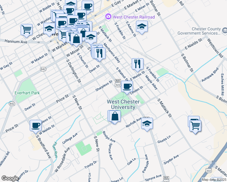 map of restaurants, bars, coffee shops, grocery stores, and more near 650 Reynolds Alley in West Chester