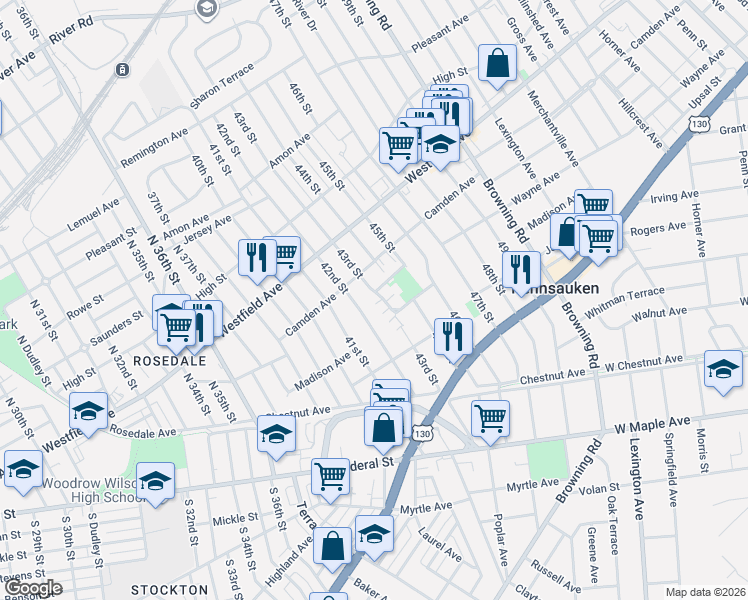 map of restaurants, bars, coffee shops, grocery stores, and more near 4209 Ashley Ct in Pennsauken Township