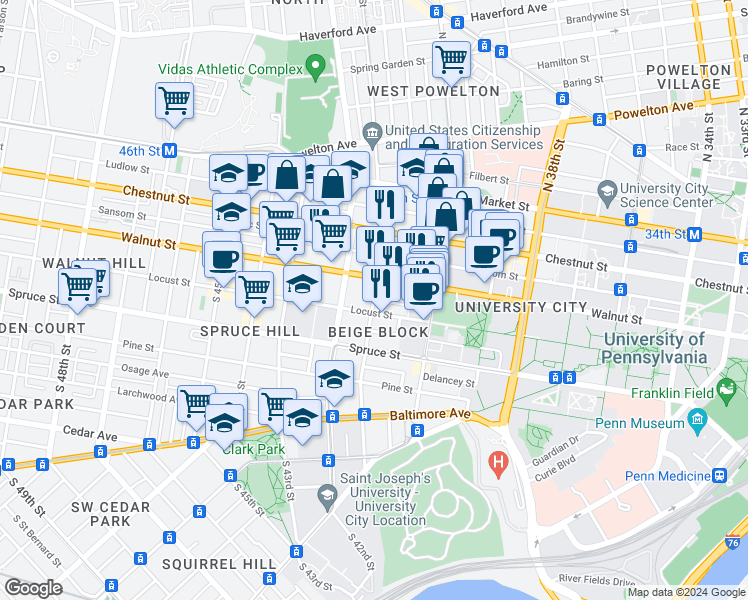 map of restaurants, bars, coffee shops, grocery stores, and more near S 41st St & Chancellor St in Philadelphia