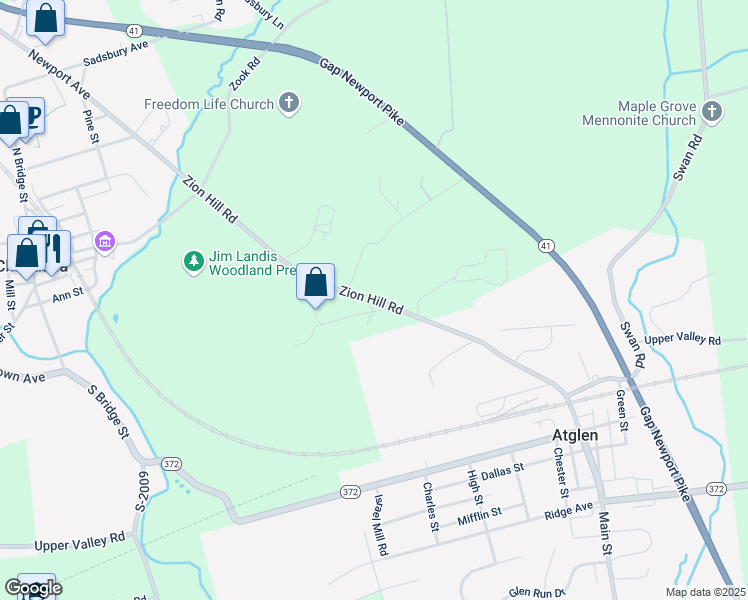map of restaurants, bars, coffee shops, grocery stores, and more near 440 Zion Hill Road in Atglen