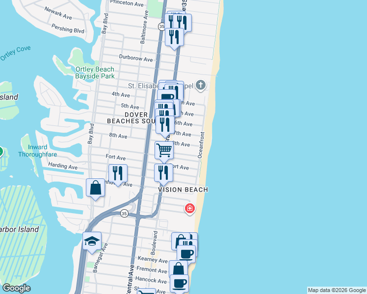 map of restaurants, bars, coffee shops, grocery stores, and more near 10 8th Avenue in Seaside Heights
