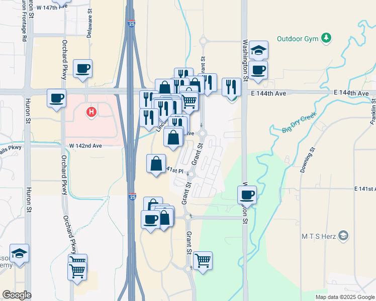 map of restaurants, bars, coffee shops, grocery stores, and more near 14200 Lincoln Street in Thornton