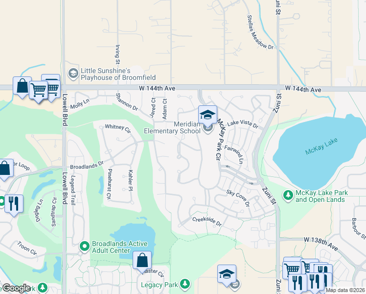 map of restaurants, bars, coffee shops, grocery stores, and more near 14044 Park Cove Drive in Broomfield