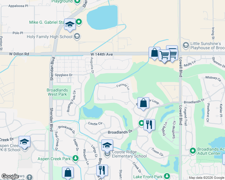 map of restaurants, bars, coffee shops, grocery stores, and more near 4424 Fairway Lane in Broomfield