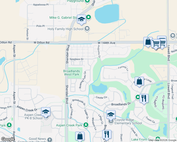 map of restaurants, bars, coffee shops, grocery stores, and more near 14023 Roaring Fork Circle in Broomfield