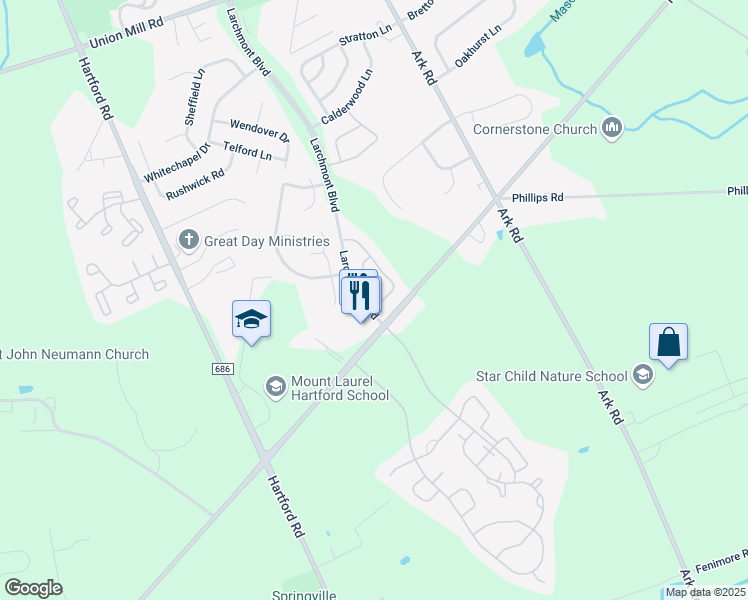 map of restaurants, bars, coffee shops, grocery stores, and more near 1201A Ralston Drive in Mount Laurel Township