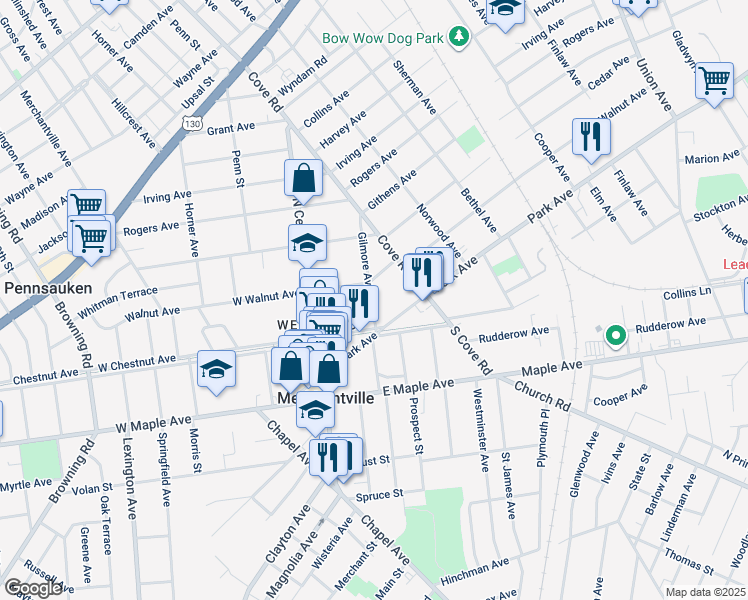 map of restaurants, bars, coffee shops, grocery stores, and more near 100 East Walnut Avenue in Merchantville