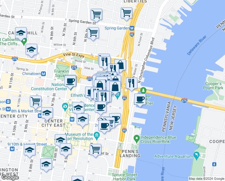 map of restaurants, bars, coffee shops, grocery stores, and more near 209 North 2nd Street in Philadelphia