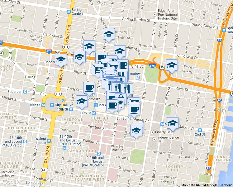 map of restaurants, bars, coffee shops, grocery stores, and more near in Philadelphia