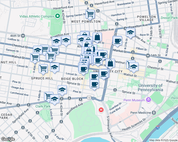 map of restaurants, bars, coffee shops, grocery stores, and more near in Philadelphia