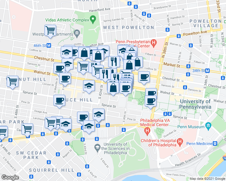 map of restaurants, bars, coffee shops, grocery stores, and more near 4100 Walnut Street in Philadelphia