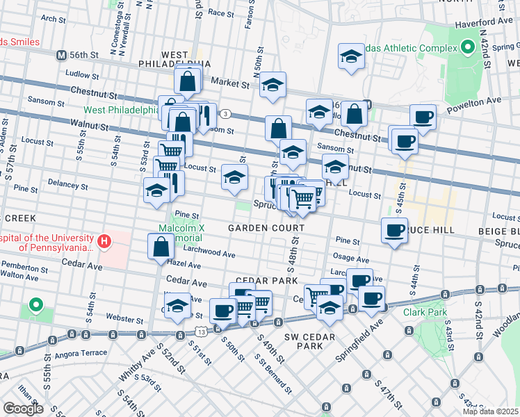 map of restaurants, bars, coffee shops, grocery stores, and more near 4901-09 Spruce Street in Philadelphia
