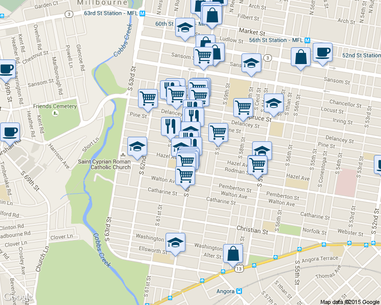 map of restaurants, bars, coffee shops, grocery stores, and more near 6017 Larchwood Avenue in Philadelphia