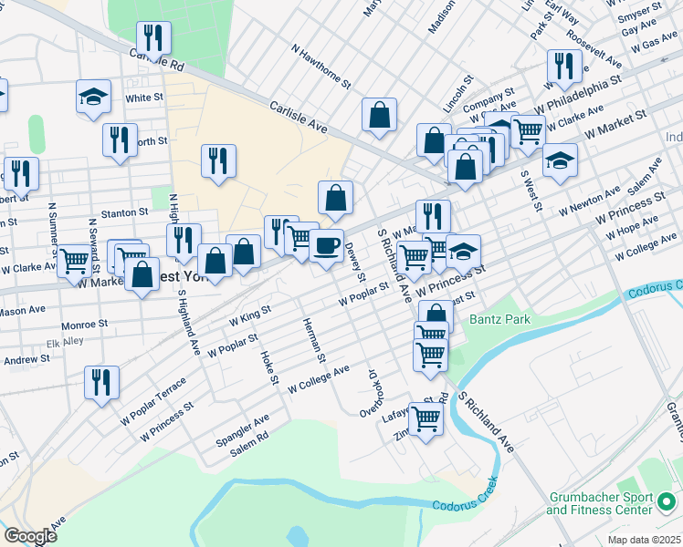 map of restaurants, bars, coffee shops, grocery stores, and more near 1125 West King Street in York
