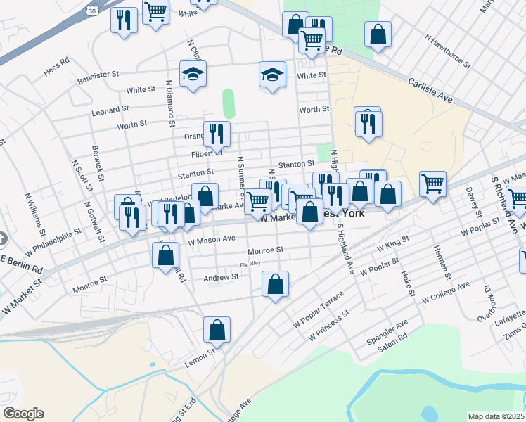 map of restaurants, bars, coffee shops, grocery stores, and more near 1621 West Clarke Avenue in West York