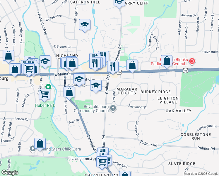map of restaurants, bars, coffee shops, grocery stores, and more near 1492 Graham Road in Reynoldsburg