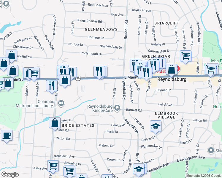 map of restaurants, bars, coffee shops, grocery stores, and more near 1349 Crest Street in Reynoldsburg