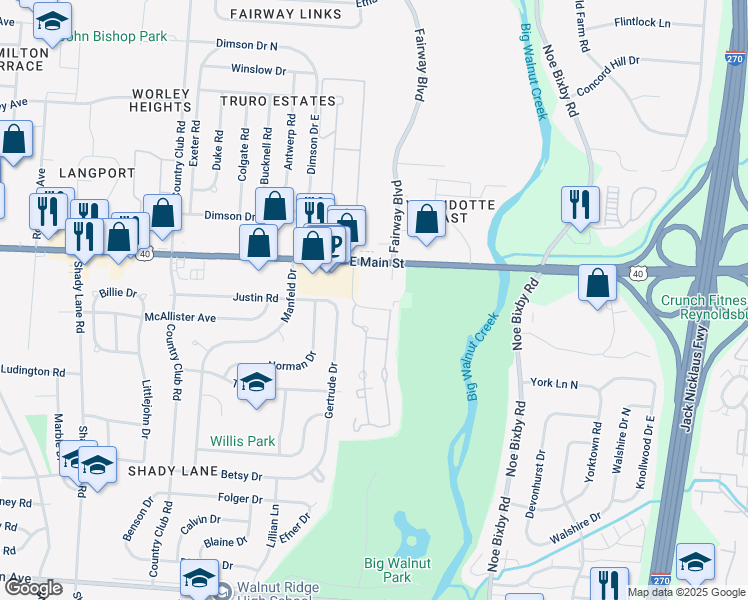 map of restaurants, bars, coffee shops, grocery stores, and more near 5198 Riding Club Lane in Columbus