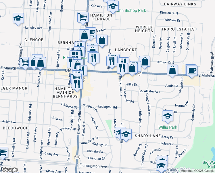 map of restaurants, bars, coffee shops, grocery stores, and more near 4667 East Main Street in Columbus