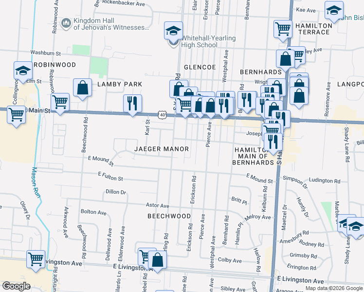 map of restaurants, bars, coffee shops, grocery stores, and more near 985 Elaine Road in Columbus
