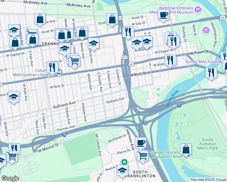map of restaurants, bars, coffee shops, grocery stores, and more near 273 South Davis Avenue in Columbus