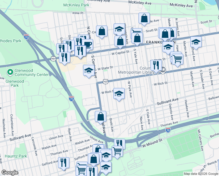 map of restaurants, bars, coffee shops, grocery stores, and more near 189 Dana Avenue in Columbus