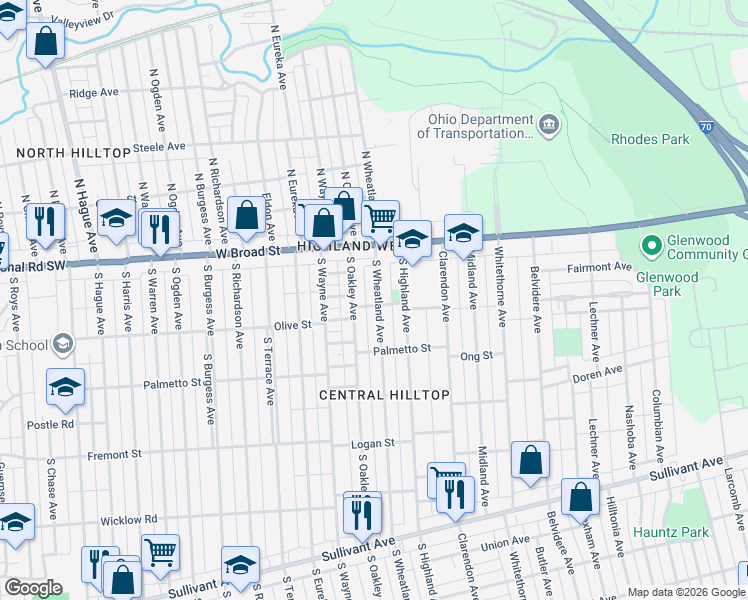 map of restaurants, bars, coffee shops, grocery stores, and more near 58 South Oakley Avenue in Columbus