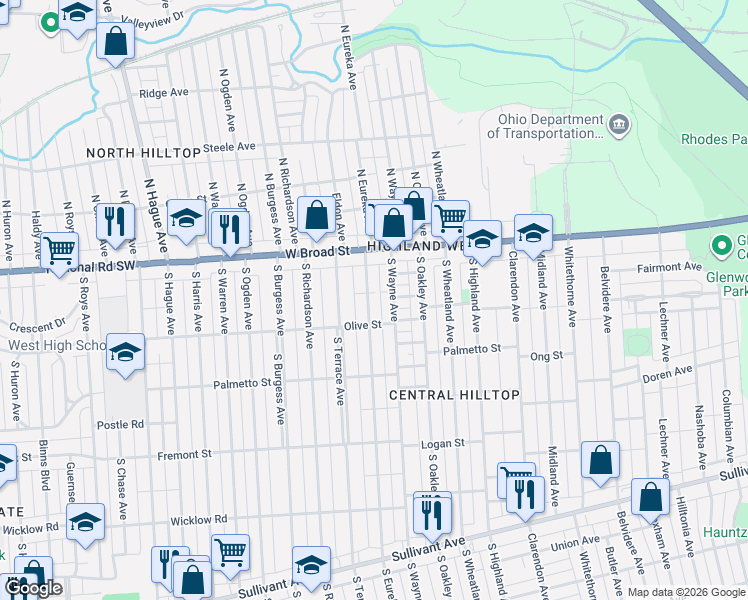map of restaurants, bars, coffee shops, grocery stores, and more near 61 South Eureka Avenue in Columbus