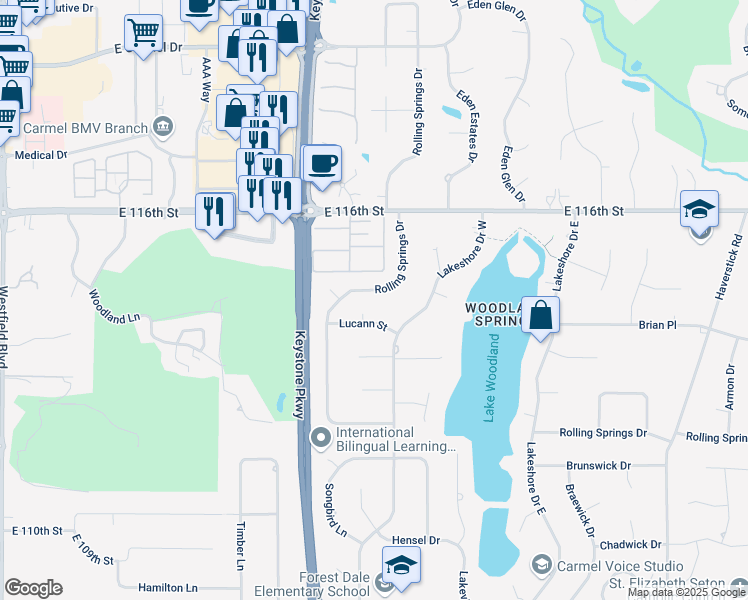 map of restaurants, bars, coffee shops, grocery stores, and more near 11366 Rolling Springs Drive in Carmel