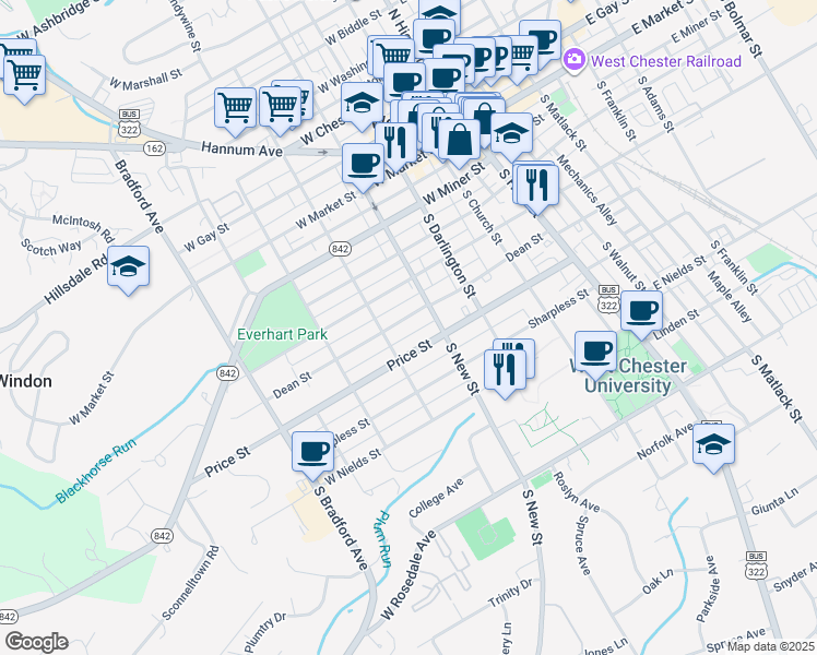 map of restaurants, bars, coffee shops, grocery stores, and more near 304 Dean Street in West Chester