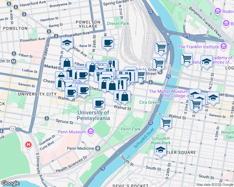 map of restaurants, bars, coffee shops, grocery stores, and more near 3141 Chestnut Street in Philadelphia