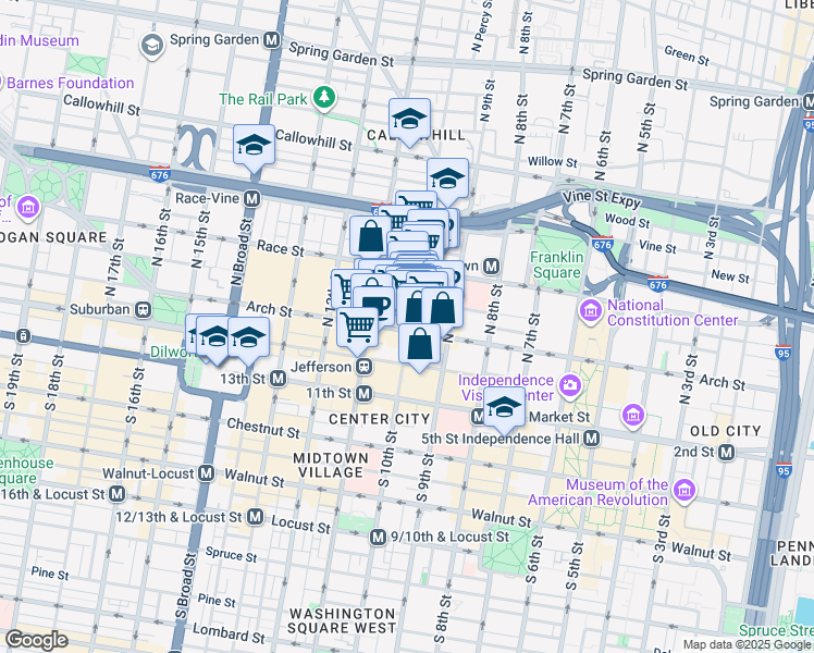 map of restaurants, bars, coffee shops, grocery stores, and more near 1009 Arch Street in Philadelphia